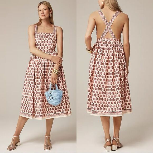 NWT J CREW Embroidered apron dress in block print in Warm Sesame Red - Picture 1 of 7